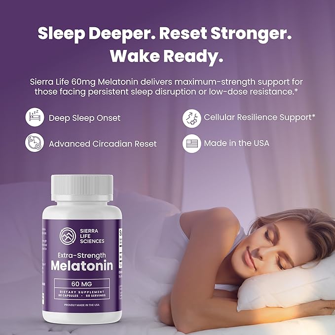 60 mg High Dosage Melatonin Supplement - Extra Strength High Potency Sleep Support Vegan Non-GMO Made in USA Easy-to-Swallow Capsules 60 Count (60 Servings)