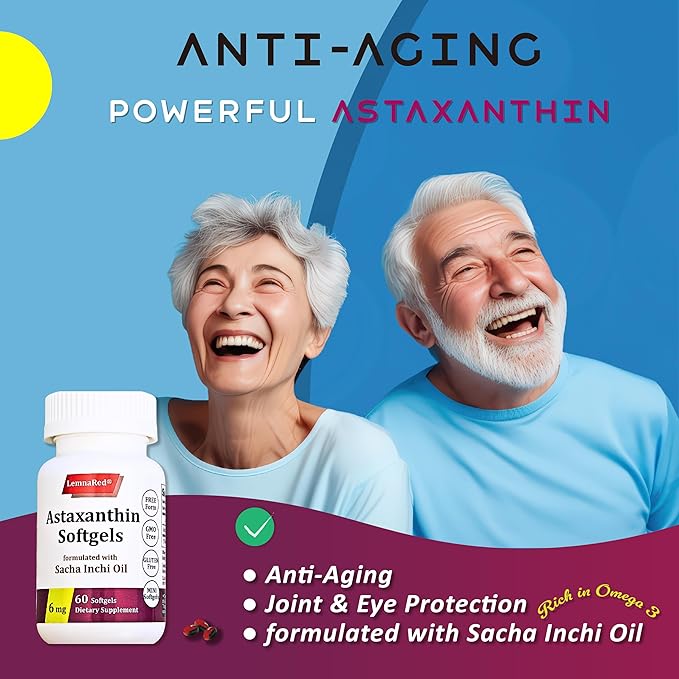 Free-Form Astaxanthin 6mg Softgel-60 Softgels Dietary Supplement Strongest Antioxidant Immune Supports Supports EyeJoint &amp Skin Health Formulated with Sacha Inchi Oil