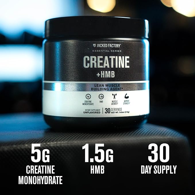 Jacked Factory Creatine HMB Powder Supplement with Creatine Monohydrate &amp HMB for Men &amp Women for Muscle Growth Increased Strength Enhanced Energy - 30 Servings Unflavored