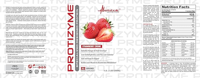 Metabolic Nutrition Protizyme 100% Whey Protein Powder High Protein Low Carb Low Fat Whey Protein Digestive Enzymes 24 Essential Vitamins and Minerals 4 Pound (52 ser)