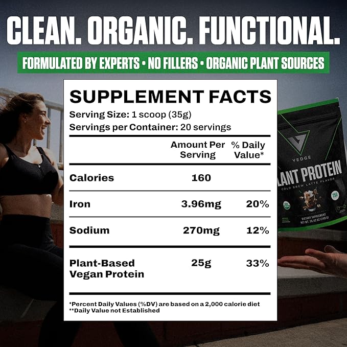 VEDGE Vegan Protein Powder - Plant Protein Powder with Pea Pumpkin &amp Sunflower - USDA Organic Amino Acids Dairy Free Gluten Free Soy Free Keto Non GMO - Cold Brew Latte - 20 Servings