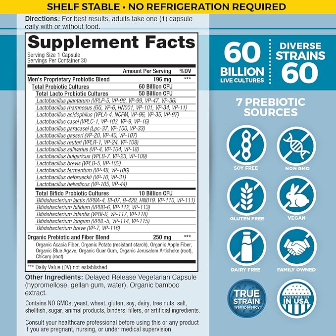 Vital Planet - Vital Flora Probiotics for Men 60 Billion CFU 60 Diverse Strains 7 Organic Prebiotics Men’s Daily Shelf Stable Probiotic for Immune Support Gas Relief Digestive Health 30 Capsules