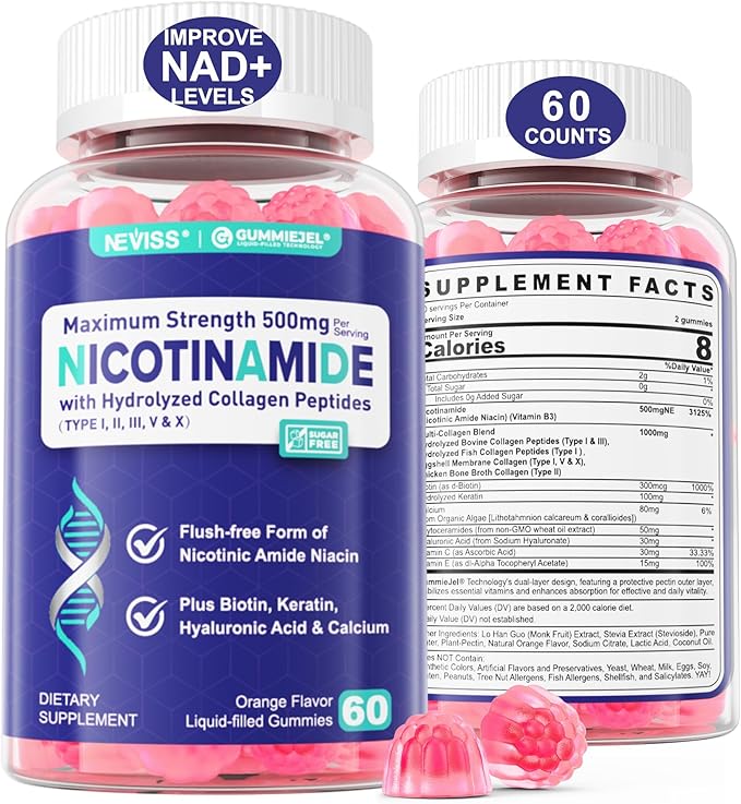 NEVISS Nicotinamide 500mg Gummies Niacinamide Supplement with Collagen Peptides (Flush Free Niacin) Vitamin B3 Niacinamide for Anti-Aging NAD+ Levels Longevity Focus &amp Brain Sugar Free 60Ct