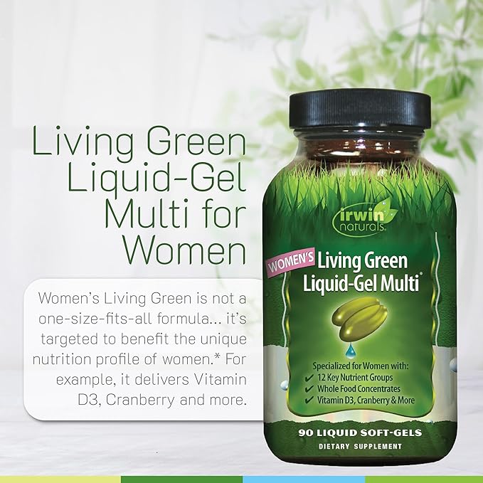 Irwin Naturals Women's Living Green Liquid-Gel Multi - 120 Liquid Softgels Pack of 2 - Includes 70 Essential Nutrients Vitamins &amp Minerals