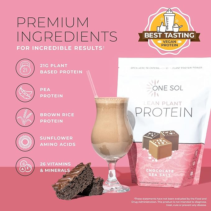 One Sol Lean Plant-Based Protein Powder Pea &amp Brown Rice Protein Low Carb Vegan Friendly - Gluten Lactose &amp Soy Free - No Added Sugar Non-GMO Clean Nutrition No Bloating (Chocolate Sea