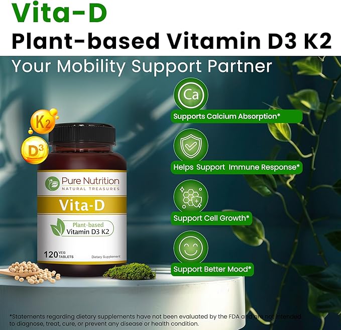 Pure Nutrition Vitamin D3 K2 + Ultra Calcium | Plant-Based D3 from Lichen | 120 Tablets Each