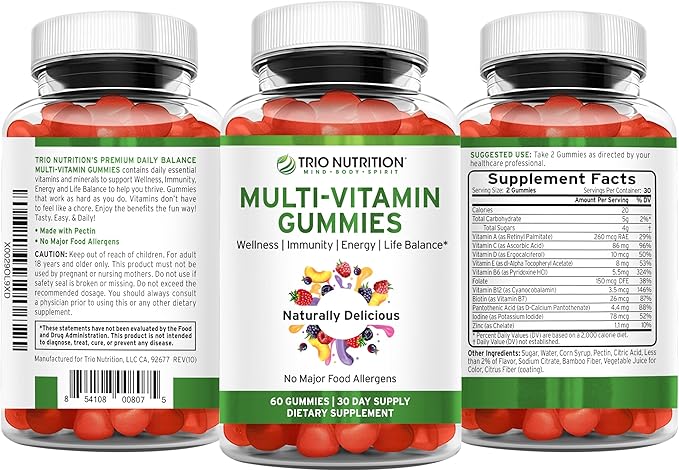 TRIO NUTRITION Daily Multivitamin Gummies for Men &amp Women - Natural Fruit Flavor with Essential Vitamins A B C D E &amp Zinc - No Major Allergens Immune Support &amp Energy Boost Supplement