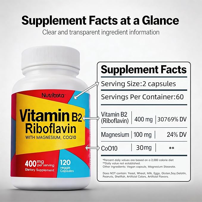 Vitamin B2 Riboflavin 400mg with Magnesium &amp CoQ10 High Potency Vitamin B2 Supplement for Energy Metabolism &amp Daily Wellness 120 Veggie Capsules 60 Day Supply