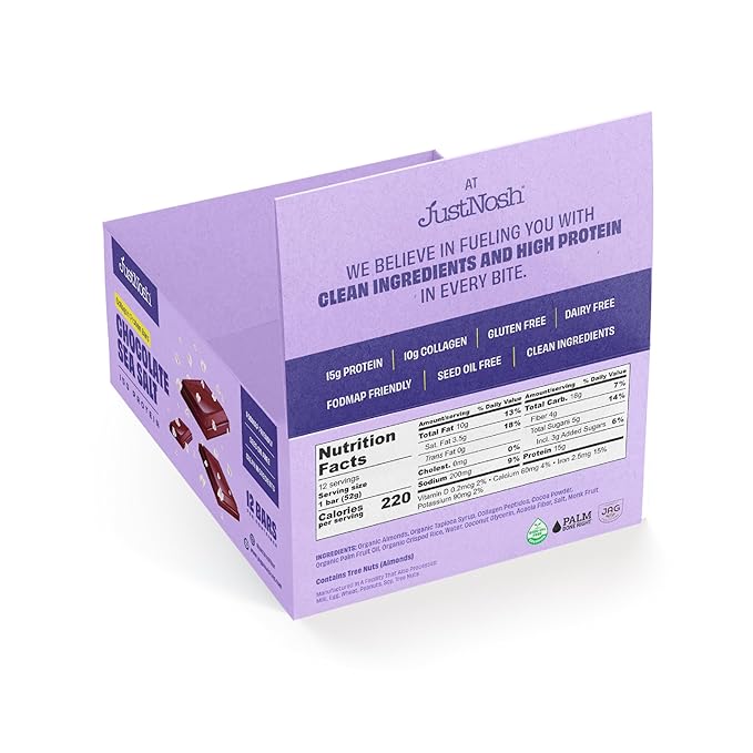 JUSTNOSH Chocolate Sea Salt Collagen Protein Bars – 15g Protein 10g Collagen | Gluten &amp Dairy Free Low FODMAP Seed Oil Free (12 Pack)