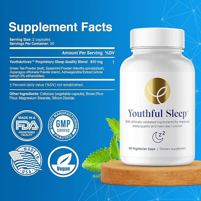 Youthful Sleep Supplement - Natural Sleep Support No Melatonin Deep Rest - 60 Capsules