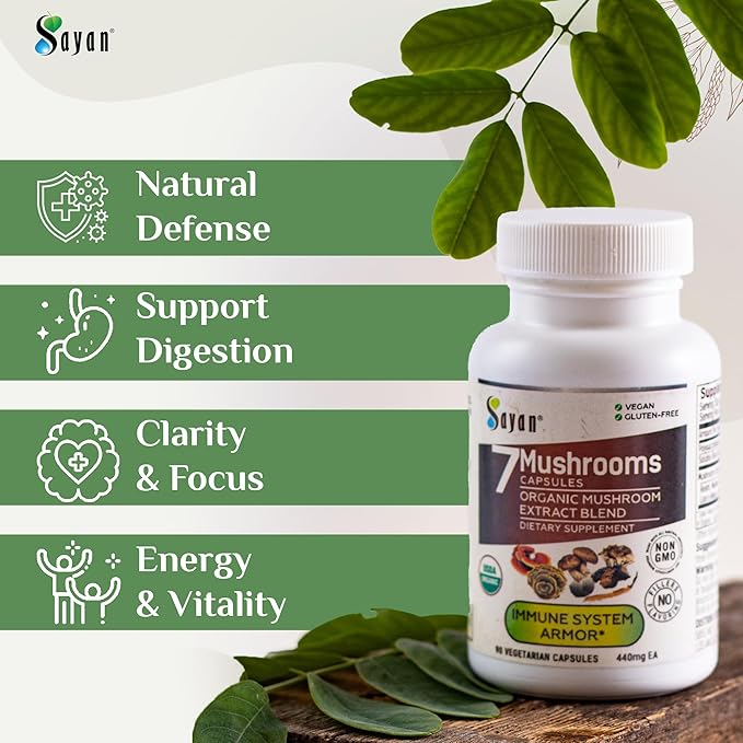 Sayan 7 Mushroom Extract 90 Capsules/440mg ea – Immune Support &amp Energy – Organic Chaga Reishi Lion's Mane Maitake Shiitake Turkey Tail Adaptogen Blend – Vegan Non-GMO No Fillers or Additiv