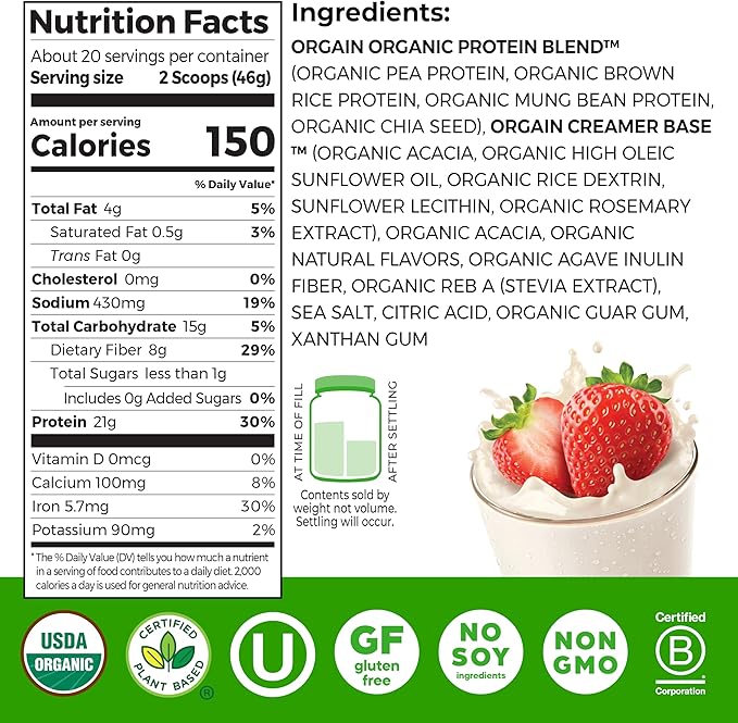 Orgain Organic Vegan Protein Powder Strawberries &amp Cream - 21g Plant Based Protein 4g Prebiotic Fiber Low Net Carb No Lactose Ingredients No Added Sugar Non-GMO For Shakes &amp Smoothies