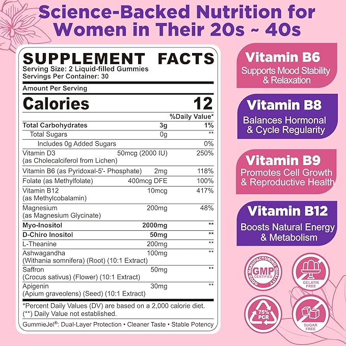 Myo-Inositol &amp D-Chiro Inositol Gummies + MTHF Folate Methyl B12 Vitamin B6 &amp D3 Inositol Supplement for Women for Ovarian Hormone Balance PMS Sleep Mood &amp Energy 40:1 Ratio Sugar