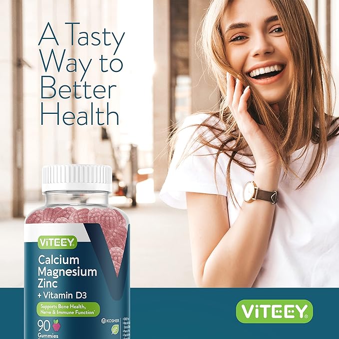 Viteey Calcium Magnesium Zinc Gummies with Vitamin D3 - Supports Bone Health Nerve &amp Immune Function - Calcium Magnesium Zinc D3 for Adults &amp Teens - GMO Free - Chewable Raspberry Flavored Gu