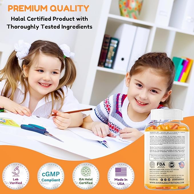 SHIFAA NUTRITION Halal Omega 3 for Kids with DHA Gummies for Brain Development Heart &amp Immune Support Plant-Based Non-GMO Algae-Based DHA Gluten &amp Gelatin-Free Kids Omega 3 Gummies 30 Se