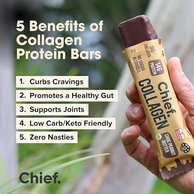 Chief Collagen Protein Bar Choc Peanut Butter 100% Natural Ingredients Keto &amp Paleo Friendly Snack Gluten Free &amp Low Sugar 12 Pack