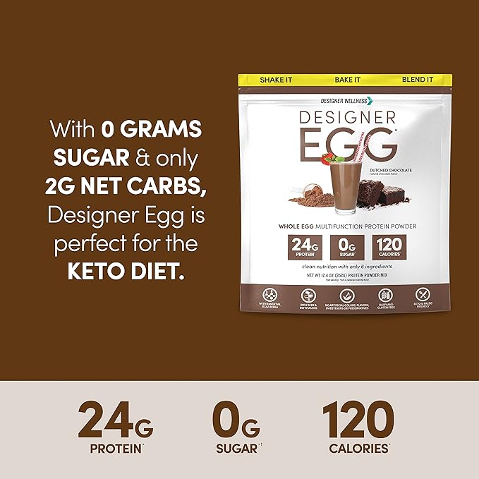 Designer Wellness Designer Egg Natural Egg Yolk &amp White Protein Powder Keto and Paleo Friendly Low Calorie Less Fat and Cholesterol Dutch Chocolate 12.4 Ounce