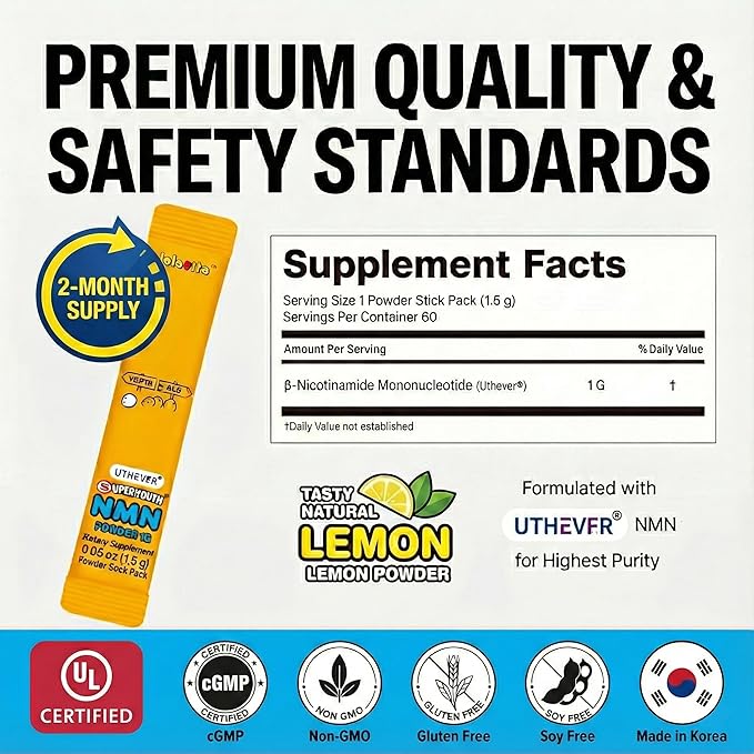 NMN 1000mg Stick Packs (60 Count 2-Month Supply) – UTHEVER® Nicotinamide Mononucleotide for NAD+ Support &amp Cellular Energy – Travel-Friendly Natural Lemon Powder – Healthy Aging Supplement