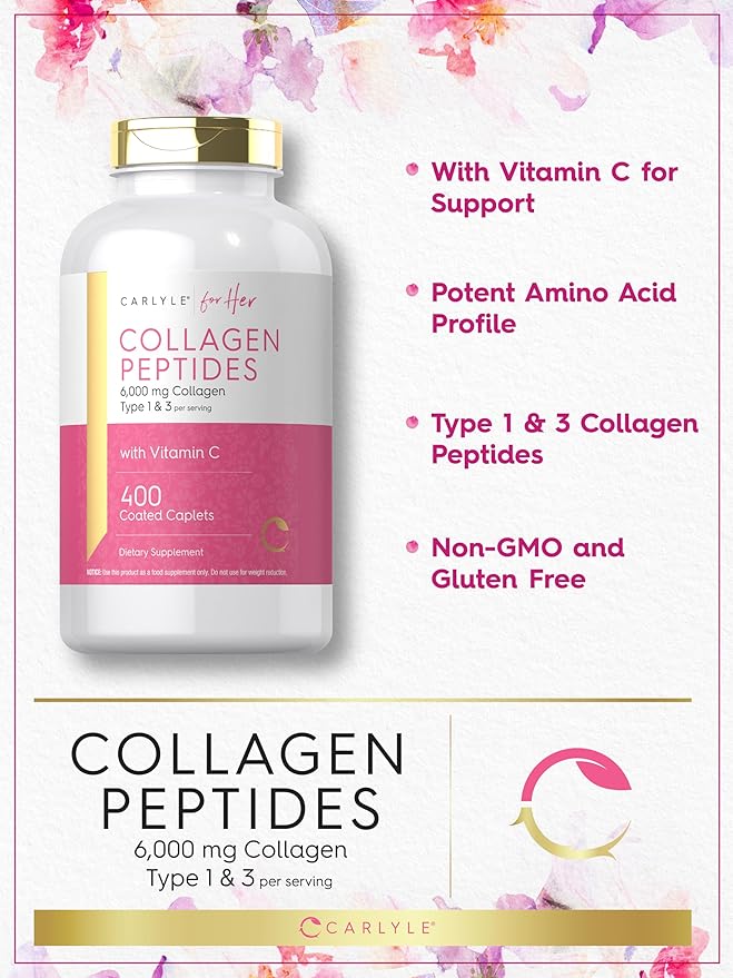 Carlyle Collagen Peptides 6000mg | 400 Caplets | with Vitamin C | Type 1 and 3 | Non-GMO Gluten Free Grass Fed Supplement