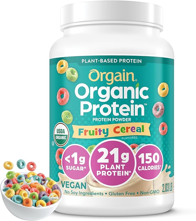 Orgain Organic Vegan Protein Powder Fruity Cereal - 21g Plant Based Protein 8g Prebiotic Fiber Low Net Carb No Lactose Ingredients No Added Sugar Non-GMO For Shakes &amp Smoothies 2.03 lb