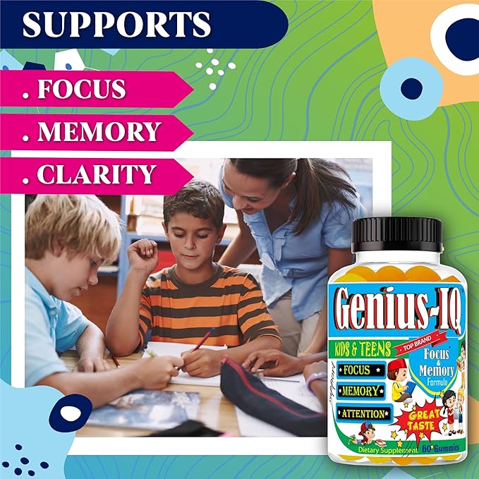 Genius IQ Kids Brain Supplements for Memory and Focus Omega 3-6-9 EPA DHA Gummy Vitamins Brain Booster Calm GummiesSupports Concentration Clarity Attention and Mood 60 Gummies