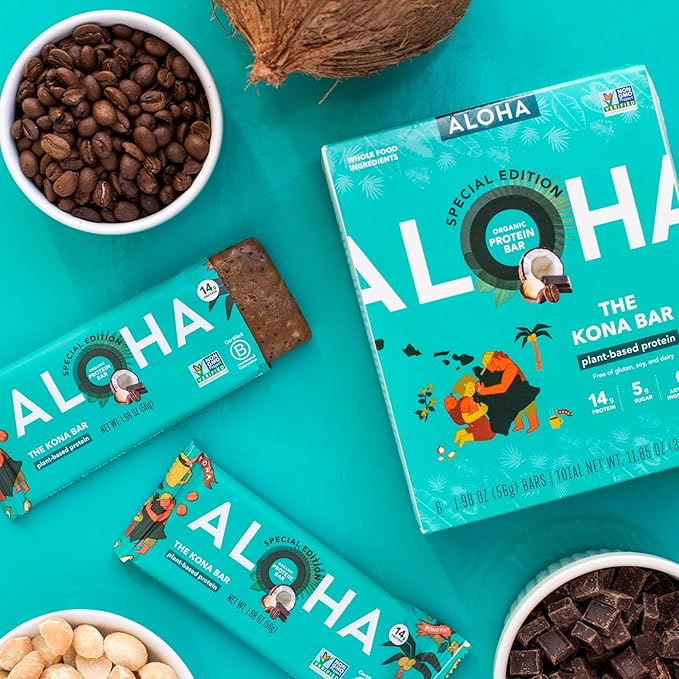 ALOHA Organic Plant Based Protein Bars | The Kona Bar - Special Edition | 6 Count 1.98oz Bars | Vegan Low Sugar Gluten Free Paleo Low Carb Non-GMO Stevia Free Soy Free No Erythritol