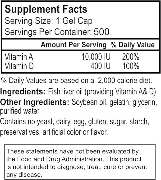 Peter Gillham's Life Essentials Vitamin A &amp D (10000IU &amp 400IU) 500 Gels Support Immune System Strong Bones &amp Teeth Essential for Eye &amp Skin Health. Gluten Free. Made in USA