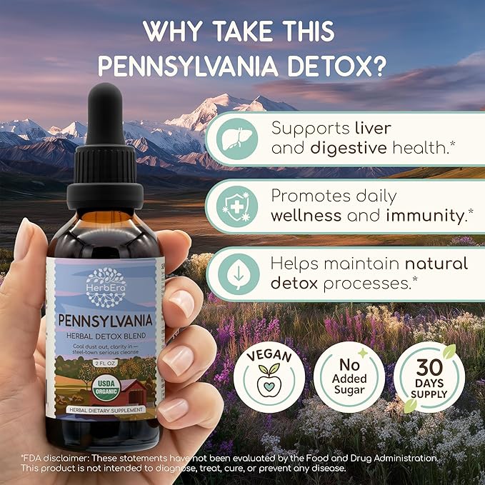 HerbEra Pennsylvania Herbal Detox Blend - USDA Organic Extract Made in USA | Immune &amp Liver Support Liquid Drops | Dandelion Root Milk Thistle Noni Sarsaparilla Schisandra | 2 fl oz