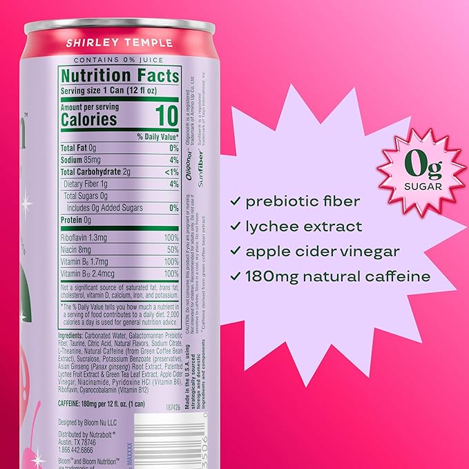 Bloom Nutrition Sparkling Energy Drink - Natural Caffeine Zero Sugar 180mg Caffeine - Antioxidant-Rich with Green Coffee Bean Green Tea Extract Prebiotics - Shirley Temple- 12oz 12 Pack