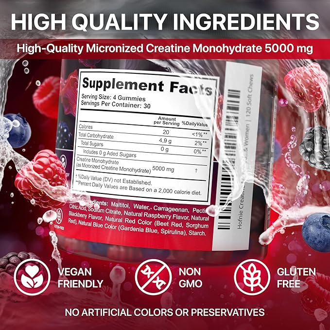 Creatine Monohydrate Gummies 5000 mg – Vegan Sugar-Free Pre Workout Creatine for Men &amp Women – Raspberry &amp BlackBerry Flavored Chewable Creatine Monohydrate 120 Gummies (30-Day Supply)