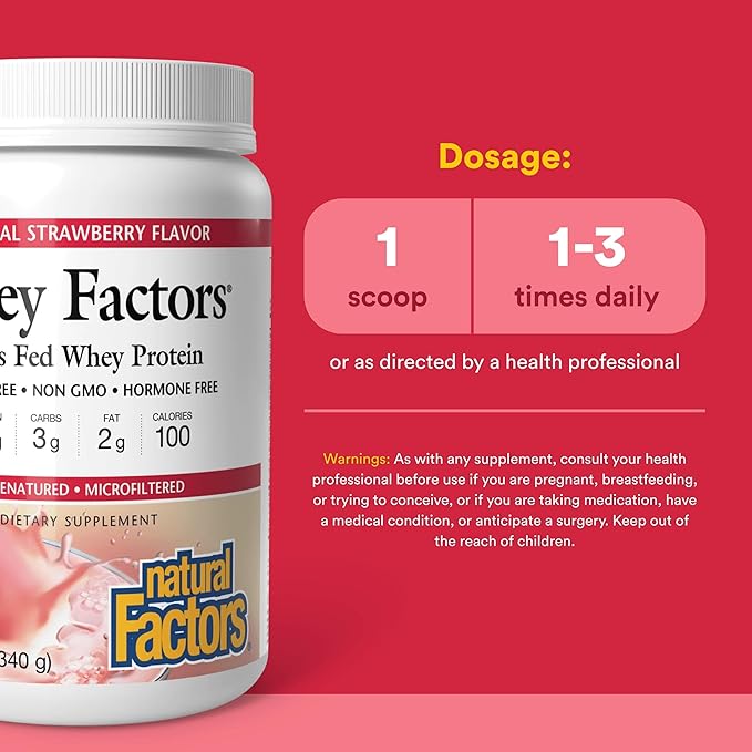 Natural Factors Whey Factors Grass Fed Whey Protein Concentrate Aids Muscle Development and Immune Health Strawberry 12 Oz