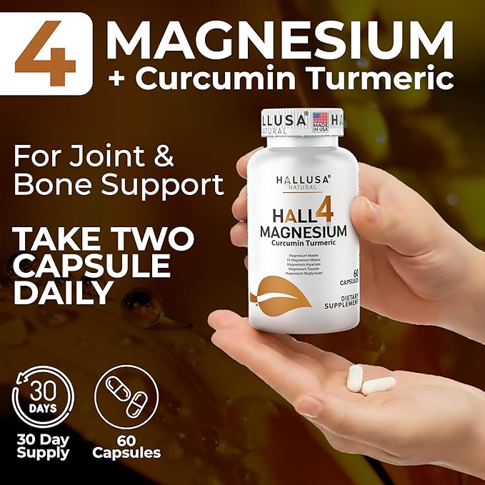Magnesium 4 Complex + Curcumin Turmeric 60 Capsules Bisglycinate Malate Aspartate &amp Taurate Magnesium Complex Supplement for Energy Muscle Nerve Joint &amp Relaxation Support