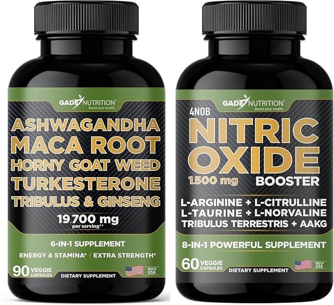 Gade Nutrition Ashwagandha with Maca Root Horny Goat Weed Turkesterone Tribulus Terrestris Panax Ginseng + Nitric Oxide Booster - Bundle for Energy Vitality Performance Pump