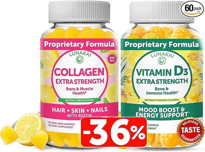 Lunakai Collagen and Vitamin D3 Gummies Bundle - Non-GMO Anti Aging Supplements for Men &amp Women - Immunity Bone and Mood Support Gummy for Adults - 30 Days Supply