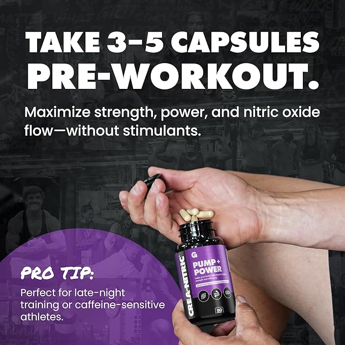 Gains in Bulk Crea-Nitric Creatine Nitrate Pre Workout Supplement Nitric Oxide Support Gluten Free Promotes Muscle Strength Pump and Non-Stim Energy Supplements for Men and Women 90 Capsules