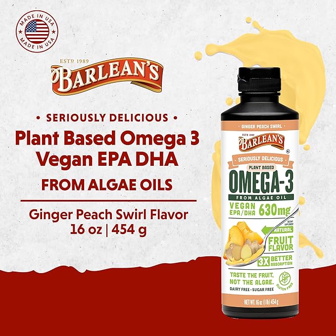 Barlean's Ginger Peach Vegan Omega 3 Supplement Liquid Algae Oil with 630 mg EPA &amp DHA Plant Based Omegas from Algal Oil Non-GMO &amp Gluten Free 16 oz