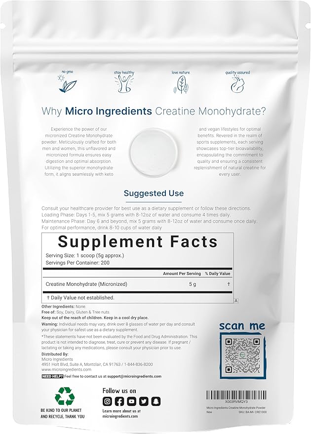 Creatine Monohydrate Powder 1 kg (2.2 Lbs) 5000mg Per Serv Micronized Creatine Powder Unflavored Pure No Filler Keto &amp Vegan Friendly Easy Dissolve Pre Workout Creatine for Women and Men