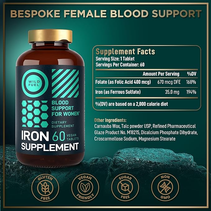 Vegan Iron Supplement for Women with Folic Acid - 35 mg Blood Builder Ferrous Sulfate Folic Acid 400 mcg - Iron Pills for Women with Anemia &amp Pregnancy Support - 180 Gluten-Free Tablets - 3Pack