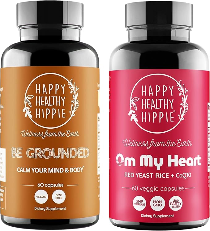 Happy Healthy Hippie Red Yeast Rice with CoQ10 Supplement &amp Be Grounded Stress Relief Supplement