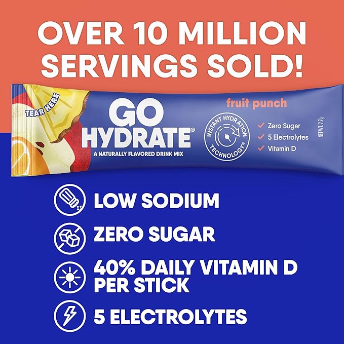 GoHydrate Instant Hydration Powder Packets - Low Sodium Electrolytes Drink Mix - Natural Hydration Support Sugar Free Electrolyte Flavored Powder Drink with Vitamin D 30 Packs Fruit Punch