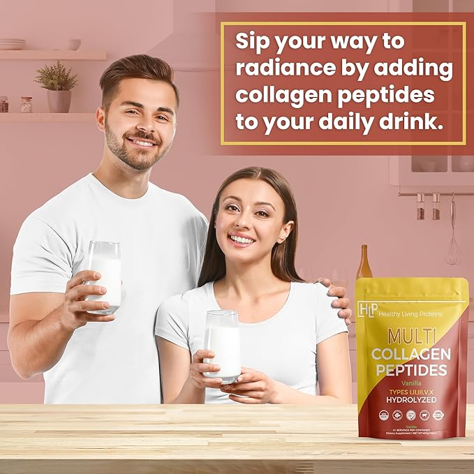 Healthy Living Proteins - Hydrolyzed Multi Collagen Peptides Powder Types I II III V &amp X - Grass Fed Bovine Wild Caught Marine Free Range Chicken - Gluten Free (Vanilla 16 oz)