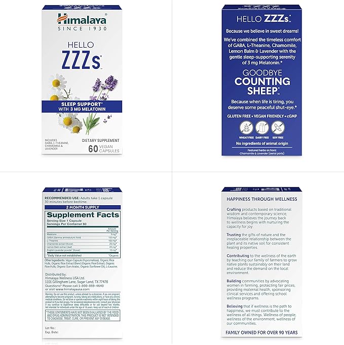 Himalaya Hello ZZZs 60 Day Supply - Herbal Sleep Supplement with Melatonin GABA L-Theanine Lavender Chamomile and Lemon Balm - Vegan Non-GMO Gluten Free 60 Capsules