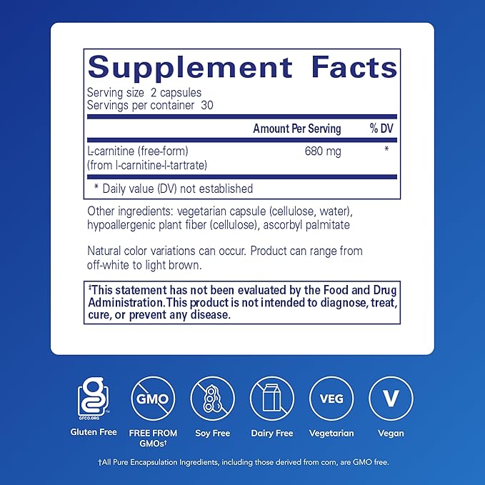 Pure Encapsulations L-Carnitine | Hypoallergenic Supplement for Cardiovascular and Endurance Support | 60 Capsules
