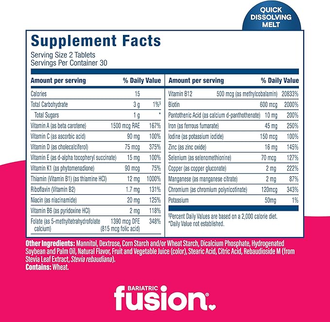 Bariatric Fusion Bariatric Multivitamin with Iron Quick Melt | Sugar Free Vitamins for Gastric Sleeve and Gastric Bypass | Wild Berry Flavor | 60 Fast Dissolving Tablets