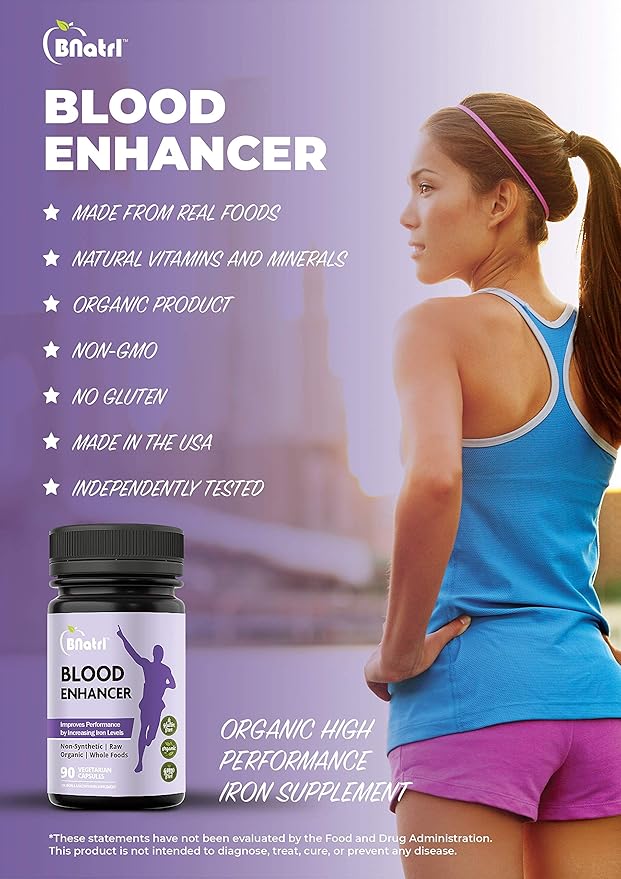 BNatrl Blood Enhancer Organic Iron Supplement Supports Energy Increase Oxygen-Enhances Red Blood Cell Production Without Nausea or Constipation Veggie Capsules Gluten-Free Non-GMO - 90 Capsules