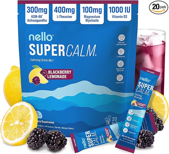 Nello Supercalm Powdered Drink Mix Cortisol Reducer* Sleep Aid Supplement L Theanine Ksm-66 Ashwagandha Magnesium Glycinate Vitamin D 3 No Sugar Non GMO 20 Ct BlackBerry Lemonade
