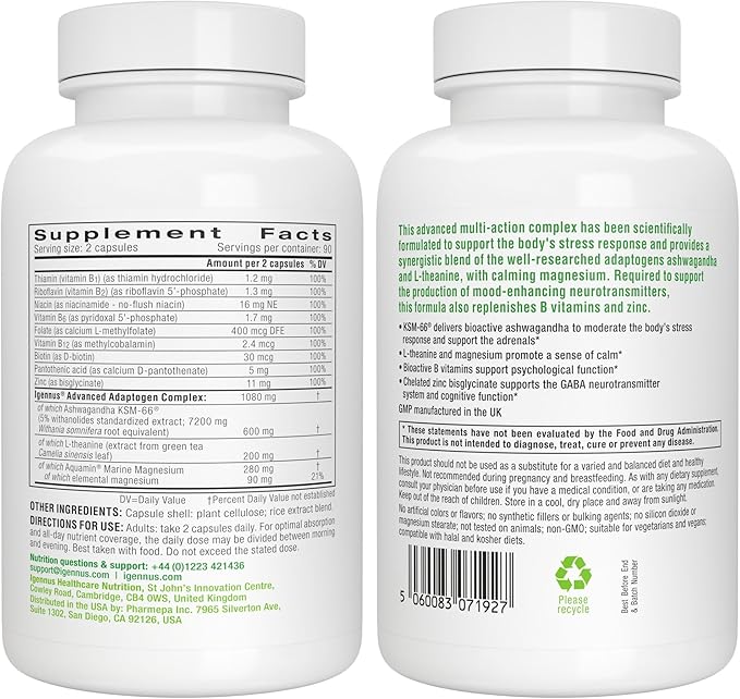 Igennus High Strength Ashwagandha KSM-66 Stress Relief Complex L-Theanine &amp Magnesium &amp Root Extract Adaptogens Methylated B Vitamins Calm &amp Sleep Support Clean Label 180 Fast Acting
