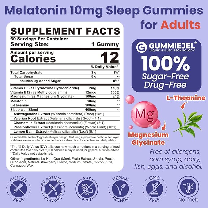 Melatonin Gummies 10mg 20mg with Magnesium for Adults | Drug Free | Sugar Free | L-Theanine Ashwagandha B6 B12 Lemon Balm &amp Chamomile Supports Deep Relaxation Sleep Aid 120 Cts