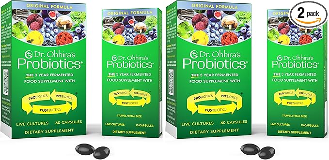 Essential Formulas Dr. Ohhira's Probiotics Original Formula 60 Caps with Bonus 10 Capsule Travel Pack - 13 Probiotic Strains with Prebiotics and Postbiotics (Pack of 2)