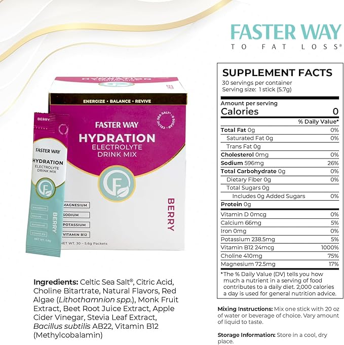 Faster Way - Hydration - Electrolyte Drink Mix - with Apple Cider Vinegar Choline Probiotics &amp Natural B Vitamins - Energize &amp Revive - Powder Packets - Zero Sugars - Gluten Free - Berry - 3